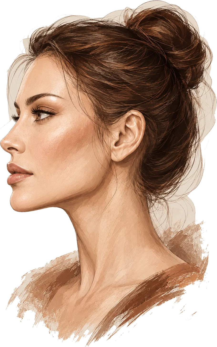 Illustrated profile of a woman's face and neck showing the fascia, muscle, SMAS, jaw and platysma layers that shift with age
