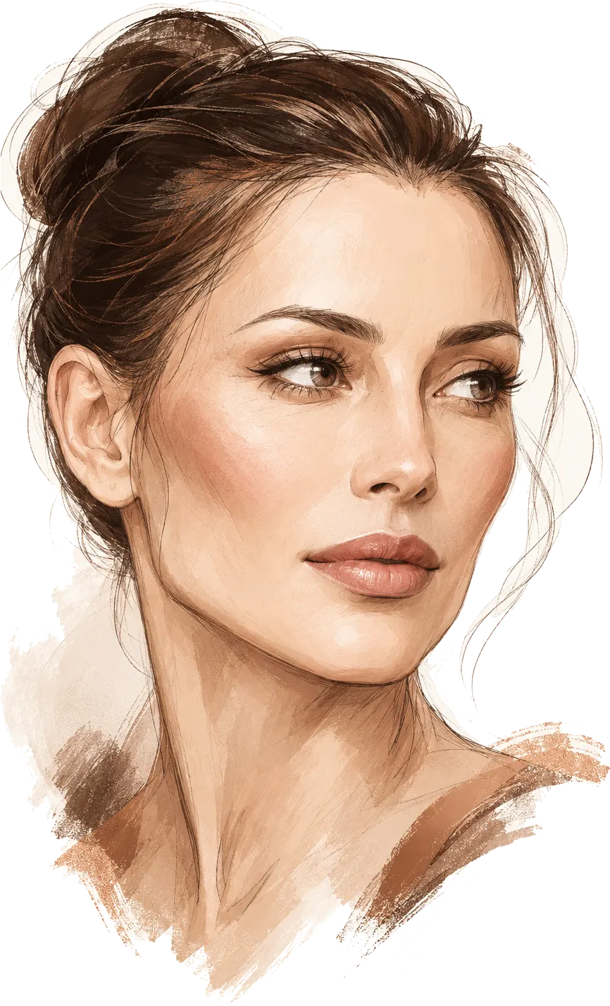 Illustrated portrait of a woman's face marking the five fascial zones worked in a myofascial face lift — brow, eye area, cheek, jawline and neck